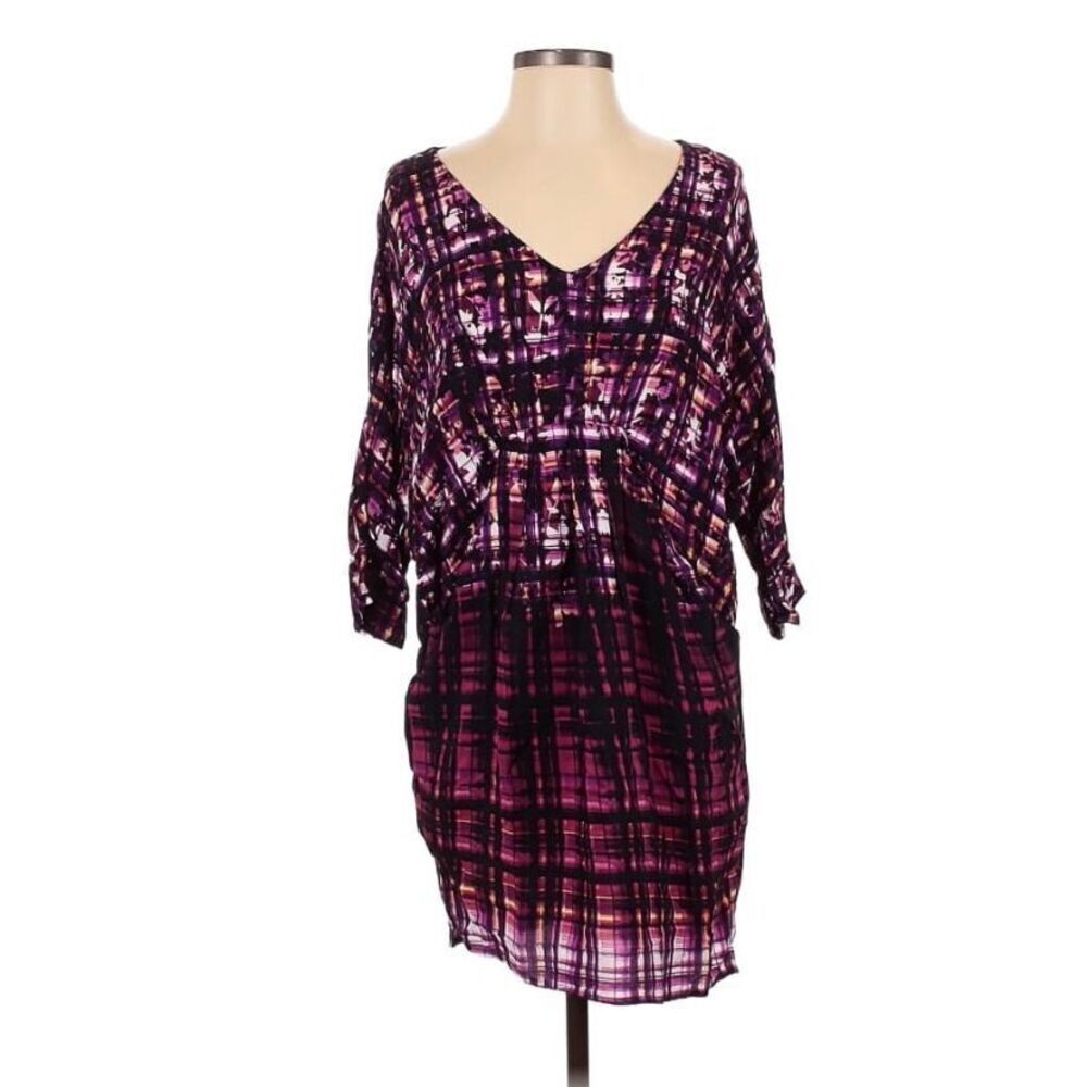 Waltz Purple Plaid Tunic Dress V-Neck 3/4 Sleeve Bohemian Casual